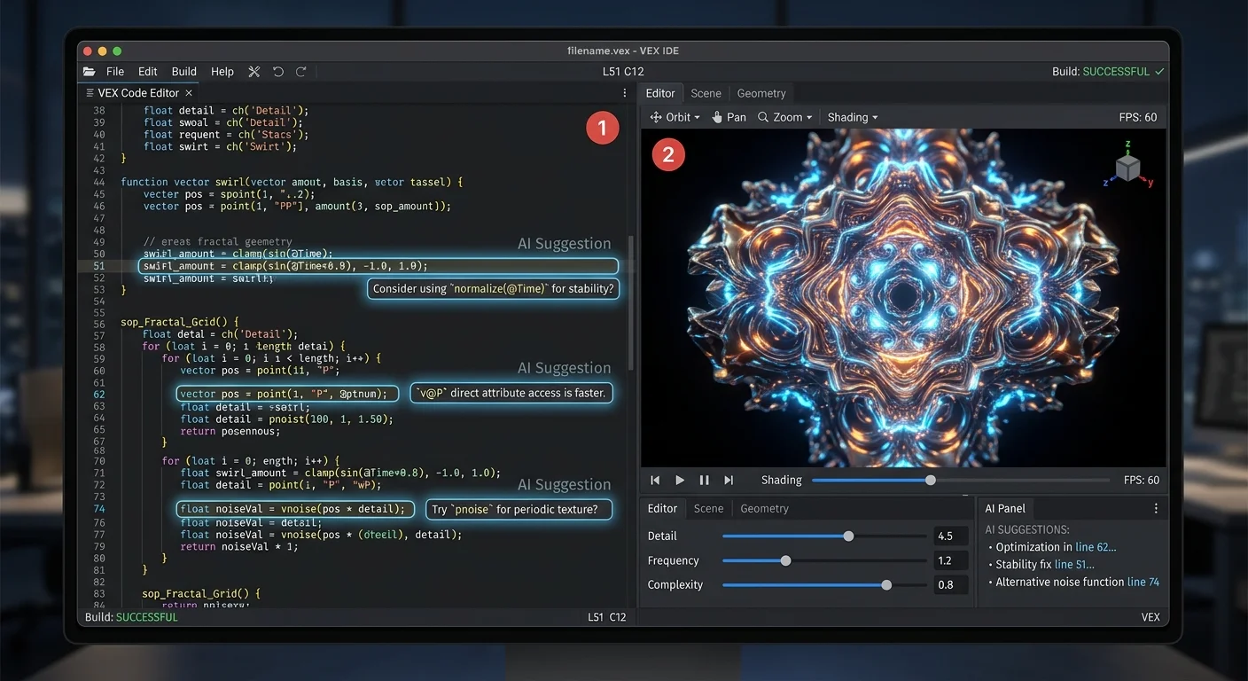 AI HTML editor interface showing code and visual editing modes side by side