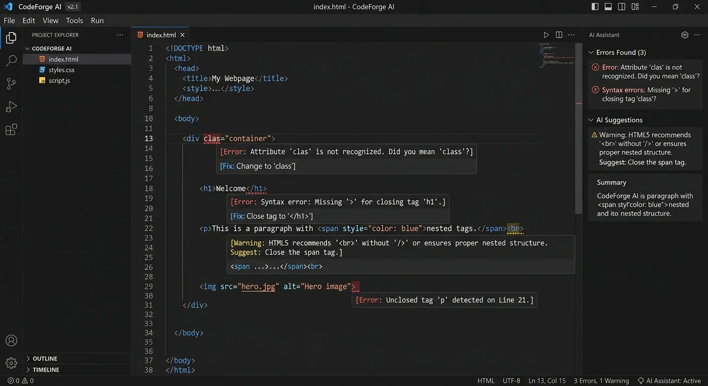 AI HTML editor showing real-time error detection and suggested fixes