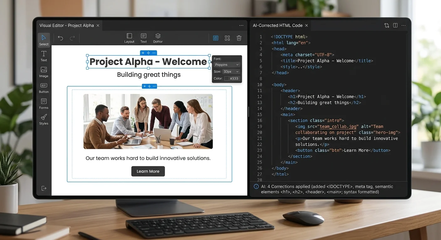 Visual HTML editor with AI-powered code correction displayed side by side