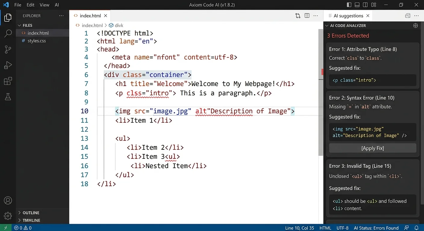 AI HTML editor showing detected code errors with fix suggestions