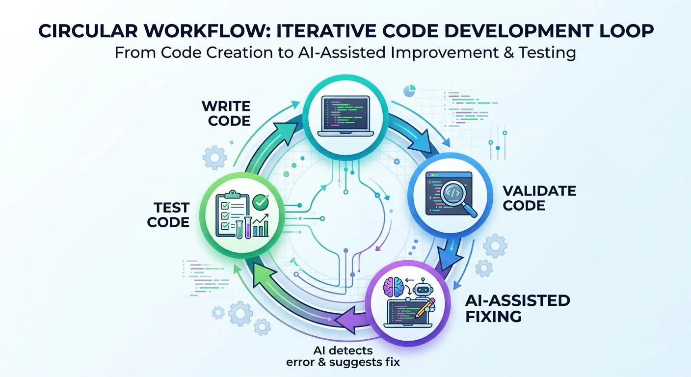 Circular workflow diagram showing write, validate, fix with AI, test, and repeat cycle