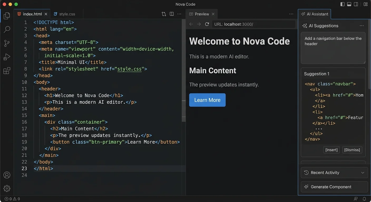 AI HTML editor workspace layout with code, preview, and suggestion panels