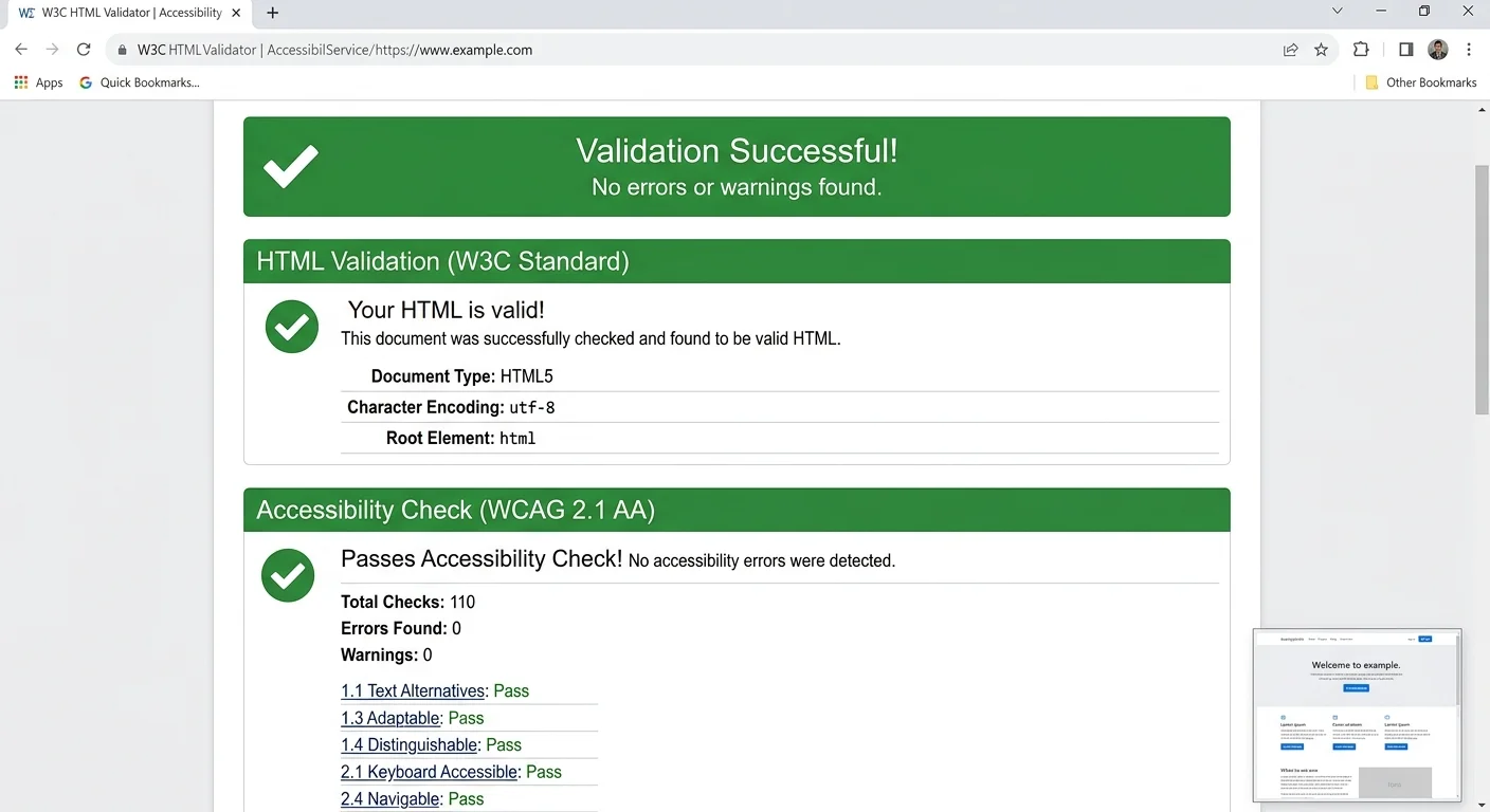 Validated HTML page with passing accessibility and validation checks in browser